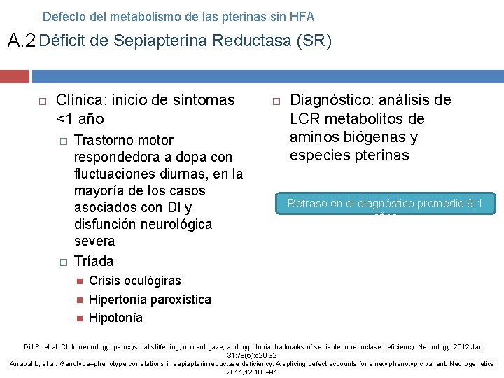 Defecto del metabolismo de las pterinas sin HFA A. 2 Déficit de Sepiapterina Reductasa