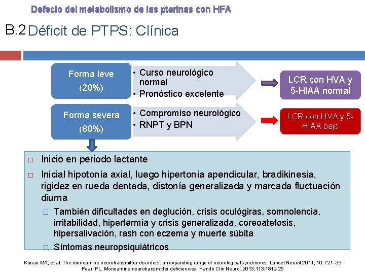Defecto del metabolismo de las pterinas con HFA B. 2 Déficit de PTPS: Clínica