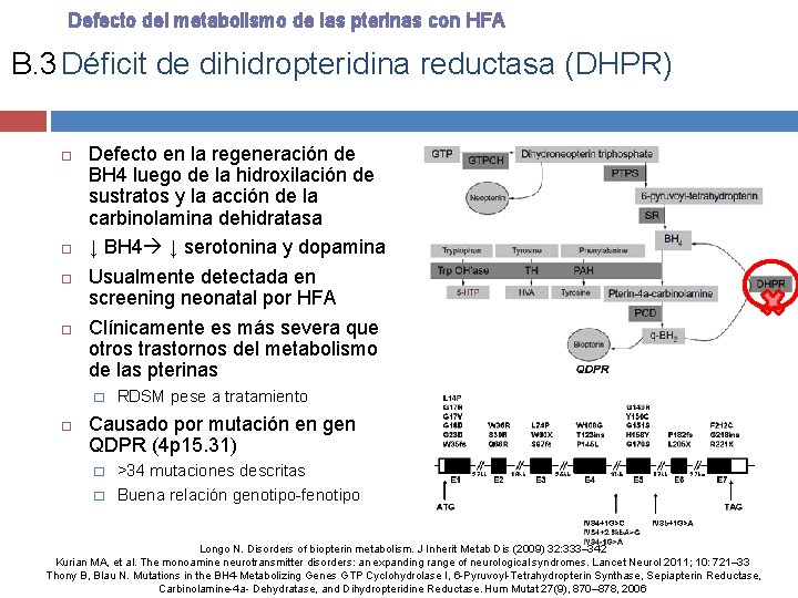 Defecto del metabolismo de las pterinas con HFA B. 3 Déficit de dihidropteridina reductasa