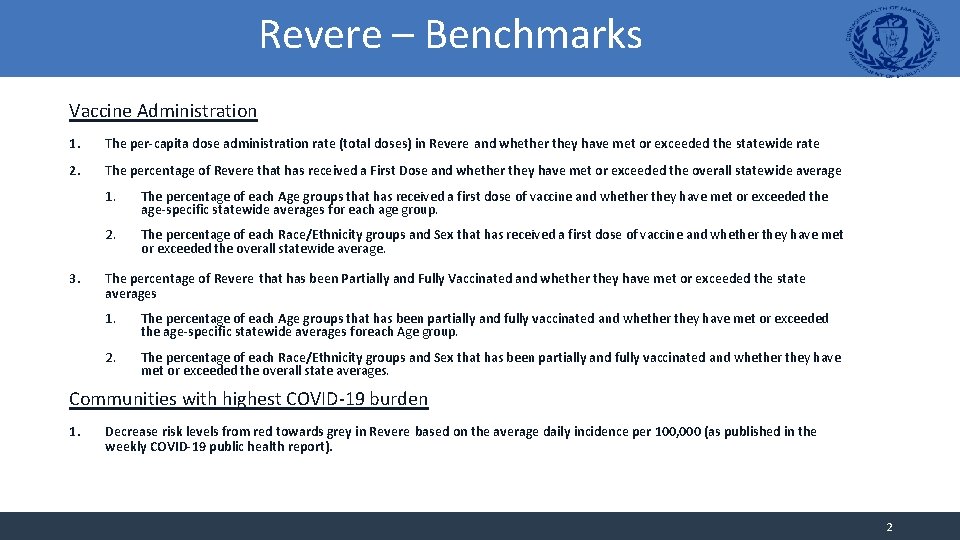 Revere – Benchmarks Vaccine Administration 1. The per-capita dose administration rate (total doses) in