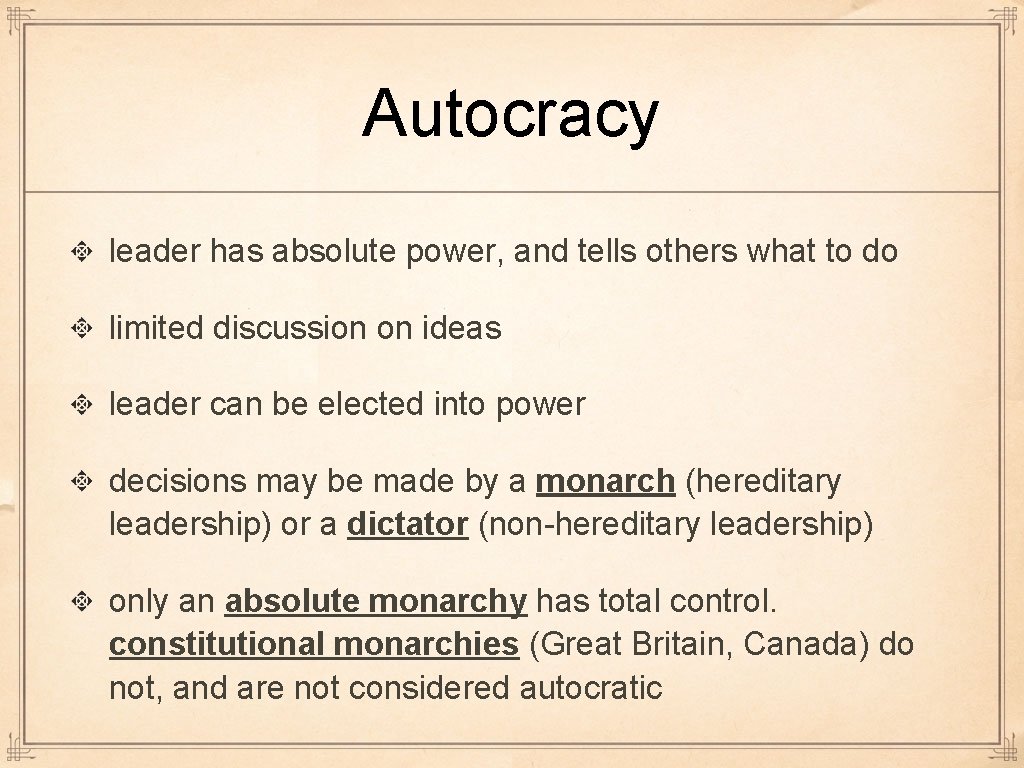 Autocracy leader has absolute power, and tells others what to do limited discussion on Autocracy leader has absolute power, and tells others what to do limited discussion on