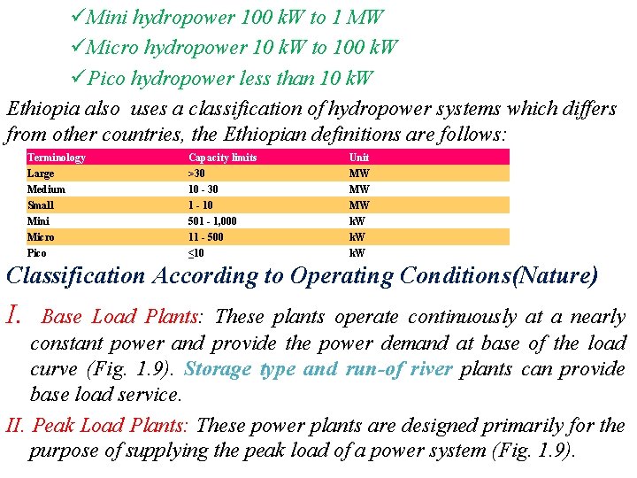 üMini hydropower 100 k. W to 1 MW üMicro hydropower 10 k. W to