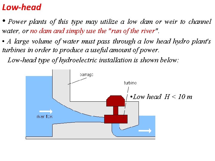 Low-head • Power plants of this type may utilize a low dam or weir