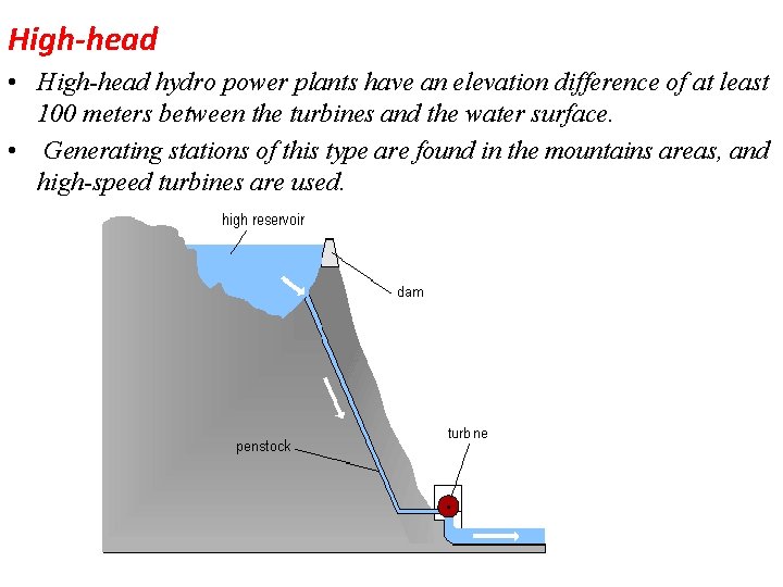 High-head • High-head hydro power plants have an elevation difference of at least 100