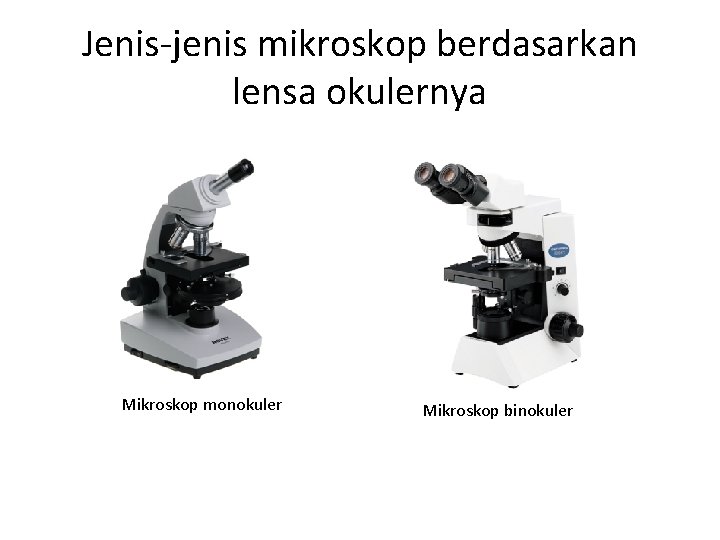 Jenis-jenis mikroskop berdasarkan lensa okulernya Mikroskop monokuler Mikroskop binokuler 