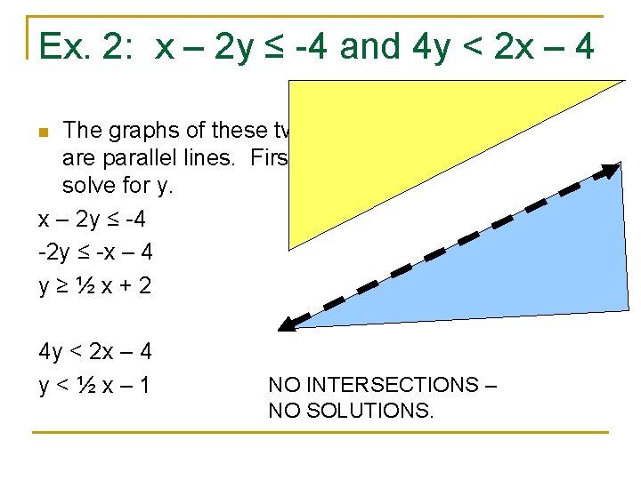 Ex. 2: x – 2 y ≤ -4 and 4 y < 2 x