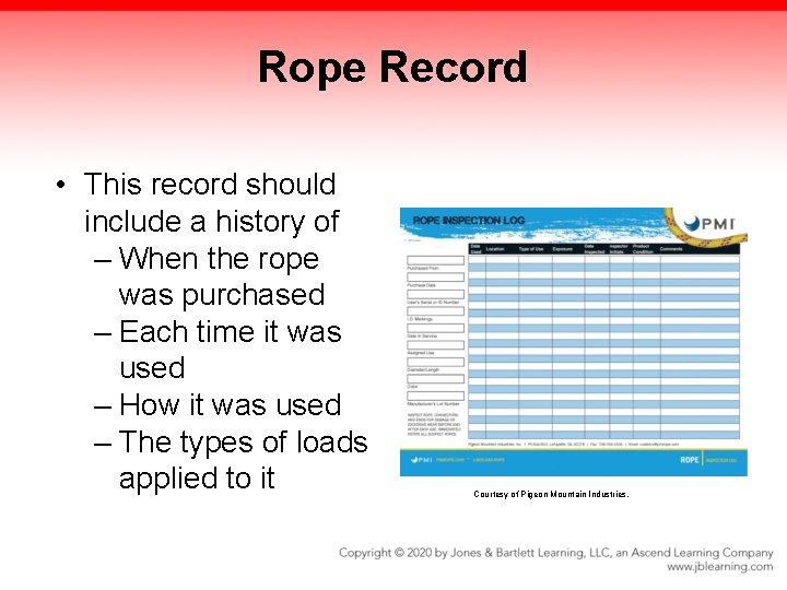 Rope Record • This record should include a history of – When the rope Rope Record • This record should include a history of – When the rope