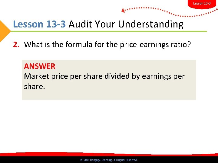 Lesson 13 -3 Audit Your Understanding 2. What is the formula for the price-earnings