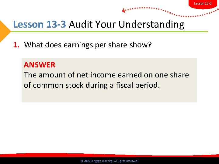 Lesson 13 -3 Audit Your Understanding 1. What does earnings per share show? ANSWER