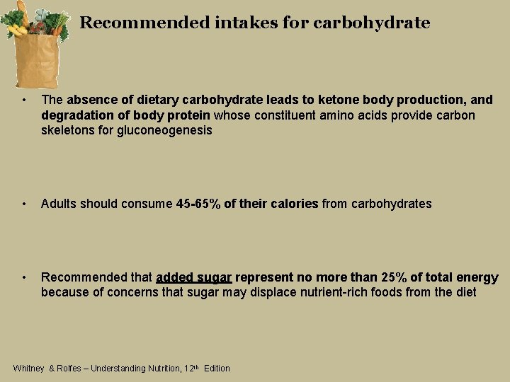 Recommended intakes for carbohydrate • The absence of dietary carbohydrate leads to ketone body