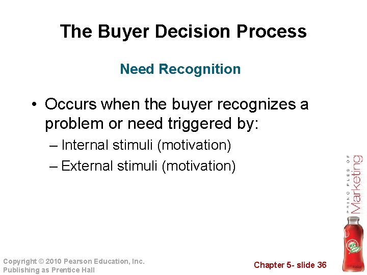 The Buyer Decision Process Need Recognition • Occurs when the buyer recognizes a problem