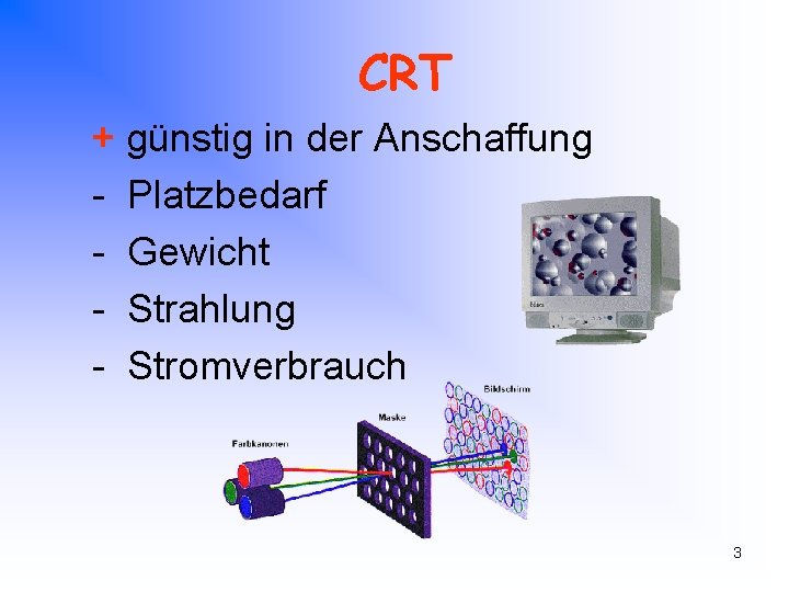 CRT + günstig in der Anschaffung - Platzbedarf - Gewicht - Strahlung - Stromverbrauch