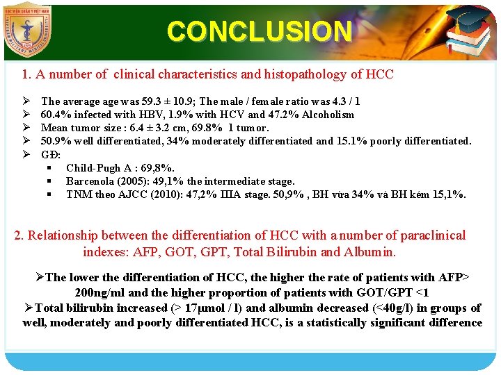 CONCLUSION LOGO 1. A number of clinical characteristics and histopathology of HCC Ø Ø