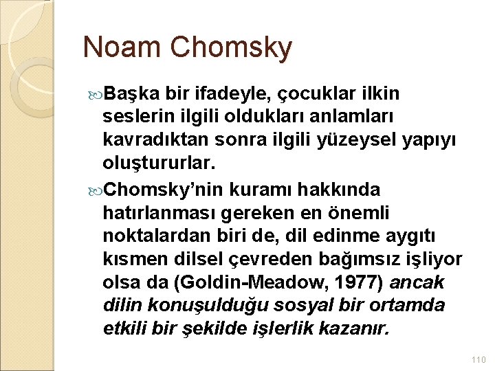 Noam Chomsky Başka bir ifadeyle, çocuklar ilkin seslerin ilgili oldukları anlamları kavradıktan sonra ilgili