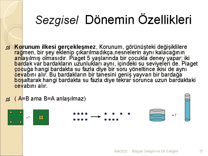 Sezgisel Dönemin Özellikleri Korunum ilkesi gerçekleşmez, Korunum, görünüşteki değişiklilere rağmen, bir şey eklenip çıkarılmadıkça,