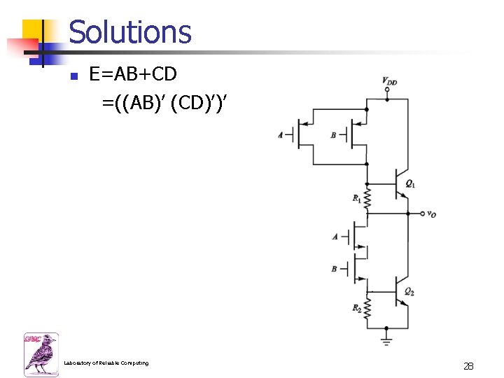 Solutions n E=AB+CD =((AB)’ (CD)’)’ Laboratory of Reliable Computing 28 