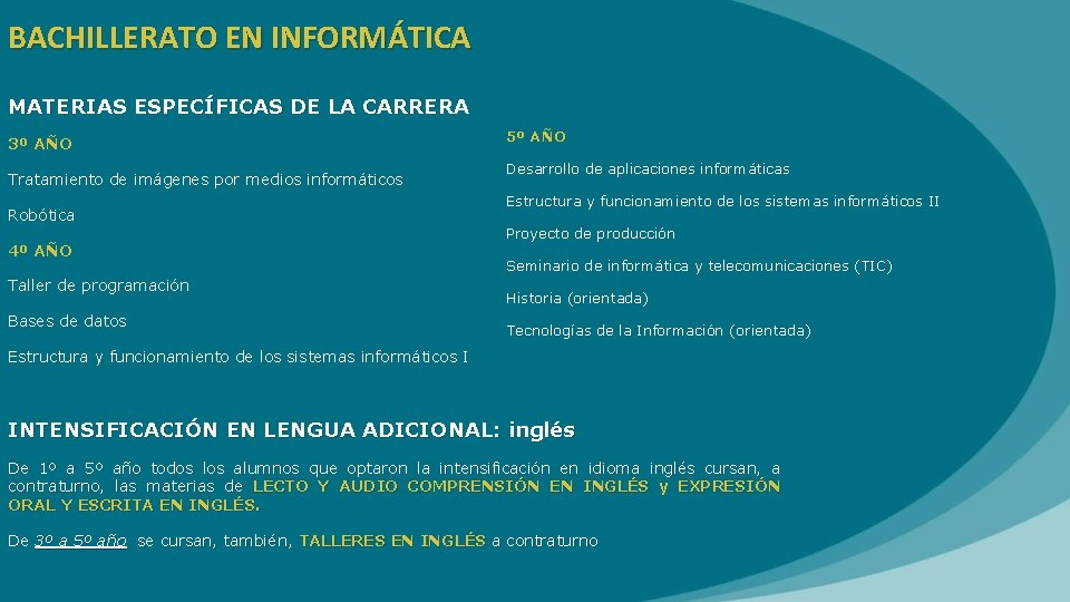 BACHILLERATO EN INFORMÁTICA MATERIAS ESPECÍFICAS DE LA CARRERA 3º AÑO Tratamiento de imágenes por