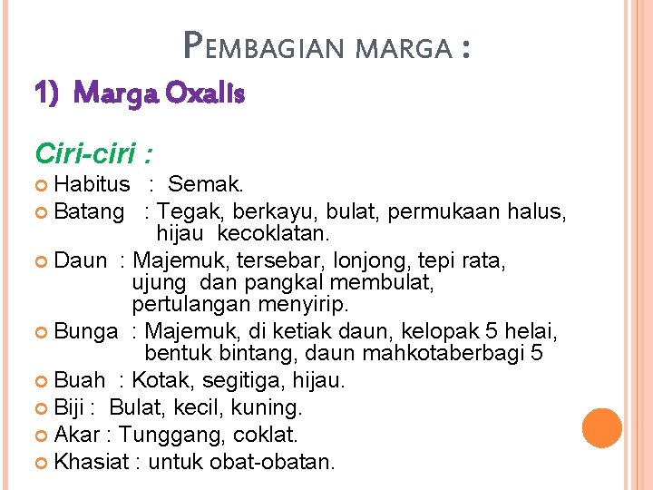 PEMBAGIAN MARGA : 1) Marga Oxalis Ciri-ciri : Habitus : Semak. Batang : Tegak,