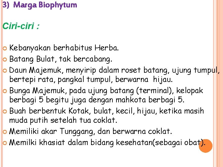 3) Marga Biophytum Ciri-ciri : Kebanyakan berhabitus Herba. Batang Bulat, tak bercabang. Daun Majemuk,