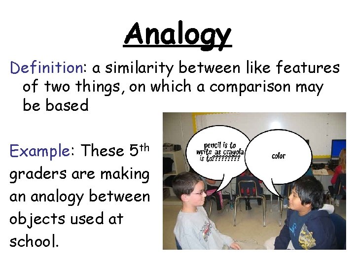 Analogy Definition: a similarity between like features of two things, on which a comparison Analogy Definition: a similarity between like features of two things, on which a comparison
