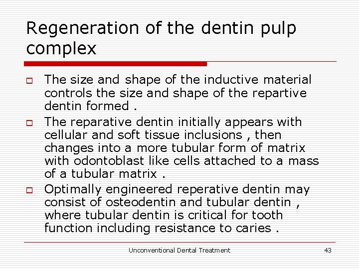 Regeneration of the dentin pulp complex o o o The size and shape of