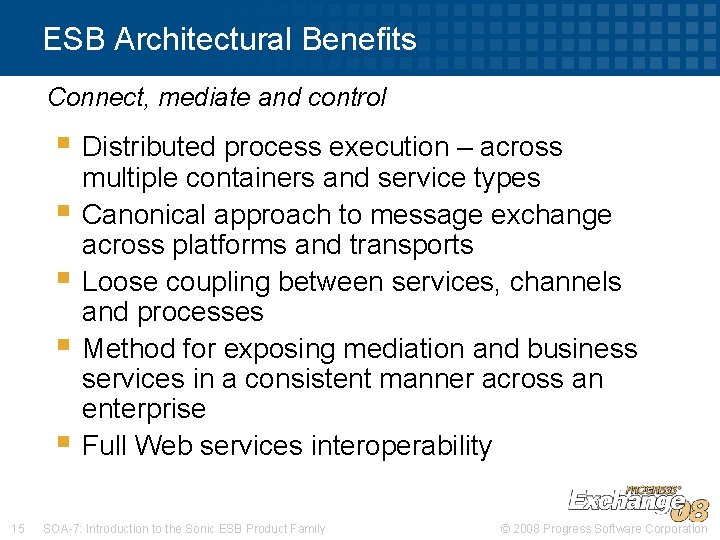 ESB Architectural Benefits Connect, mediate and control § Distributed process execution – across §