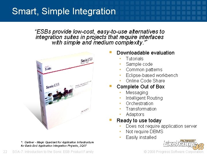 Smart, Simple Integration “ESBs provide low-cost, easy-to-use alternatives to integration suites in projects that