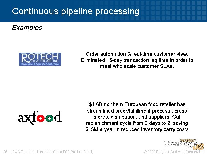 Continuous pipeline processing Examples Order automation & real-time customer view. Eliminated 15 -day transaction