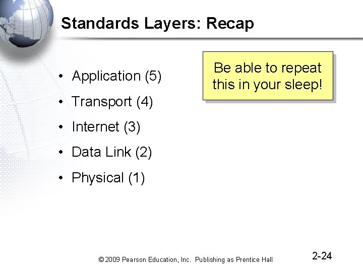 Standards Layers: Recap • Application (5) Be able to repeat this in your sleep!