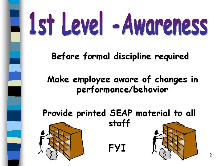 Before formal discipline required Make employee aware of changes in performance/behavior Provide printed SEAP