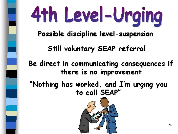 Possible discipline level-suspension Still voluntary SEAP referral Be direct in communicating consequences if there