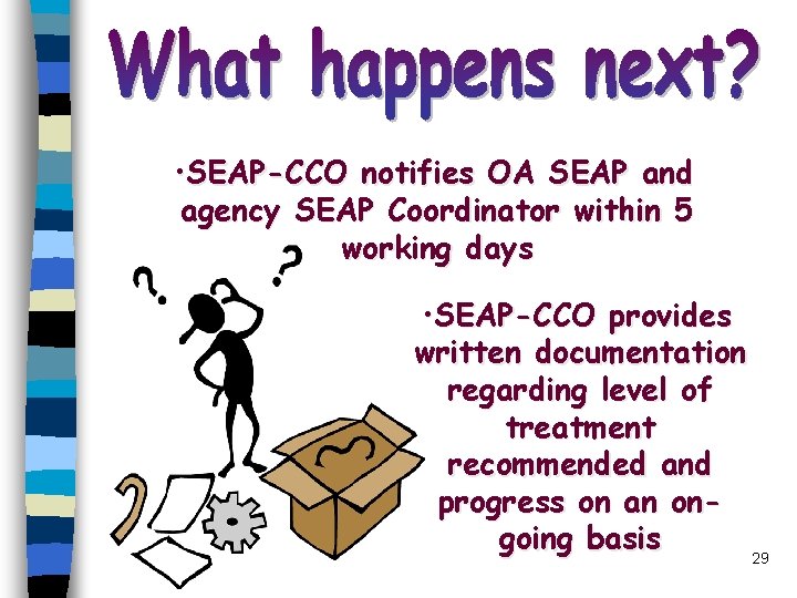  • SEAP-CCO notifies OA SEAP and agency SEAP Coordinator within 5 working days