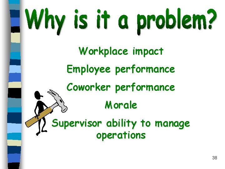 Workplace impact Employee performance Coworker performance Morale Supervisor ability to manage operations 38 