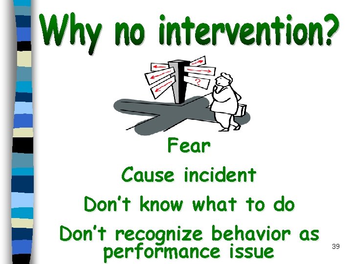 Fear Cause incident Don’t know what to do Don’t recognize behavior as performance issue