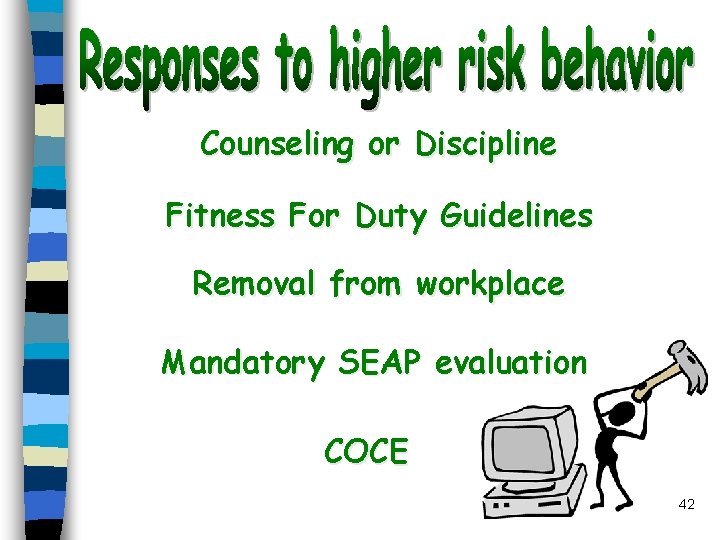 Counseling or Discipline Fitness For Duty Guidelines Removal from workplace Mandatory SEAP evaluation COCE
