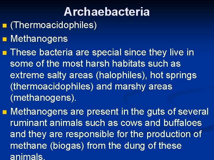 Archaebacteria n n (Thermoacidophiles) Methanogens These bacteria are special since they live in some