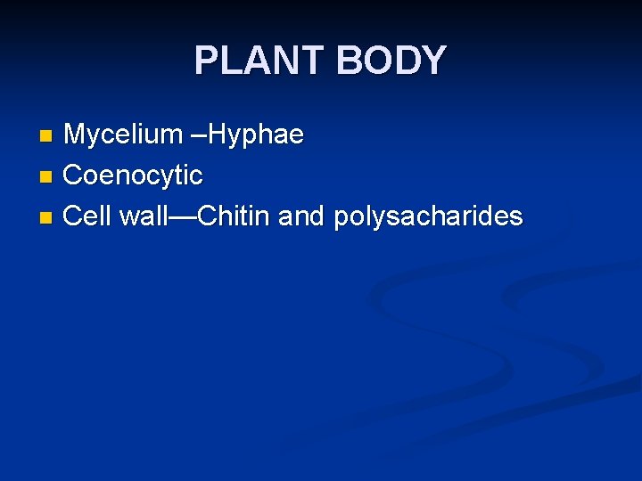 PLANT BODY Mycelium –Hyphae n Coenocytic n Cell wall—Chitin and polysacharides n 