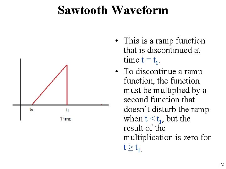 Sawtooth Waveform • This is a ramp function that is discontinued at time t