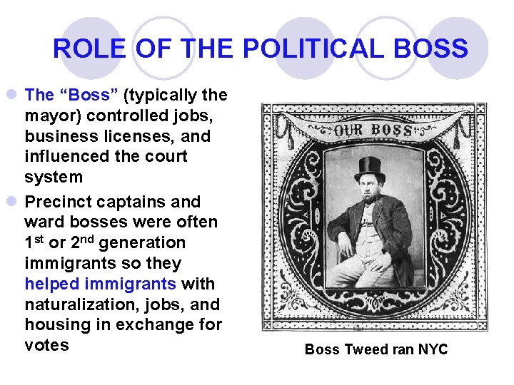ROLE OF THE POLITICAL BOSS l The “Boss” (typically the mayor) controlled jobs, business