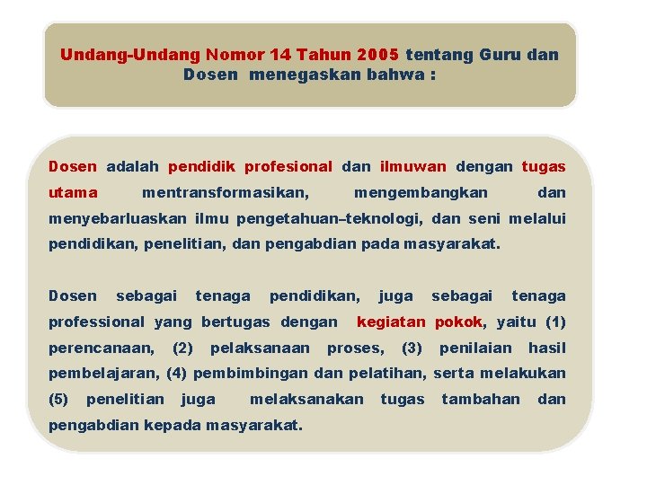 Undang-Undang Nomor 14 Tahun 2005 tentang Guru dan Dosen menegaskan bahwa : Dosen adalah