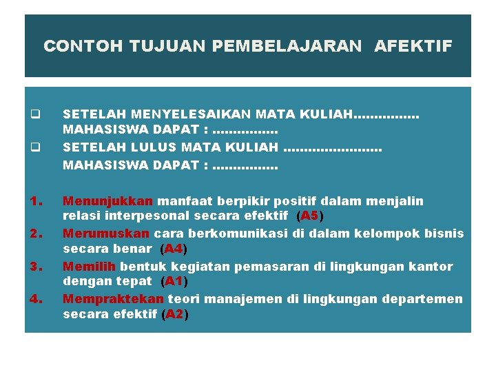 CONTOH TUJUAN PEMBELAJARAN AFEKTIF q q 1. 2. 3. 4. SETELAH MENYELESAIKAN MATA KULIAH.