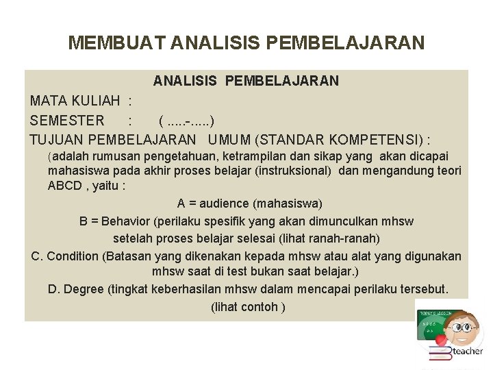 MEMBUAT ANALISIS PEMBELAJARAN MATA KULIAH : SEMESTER : (. . . -. . .