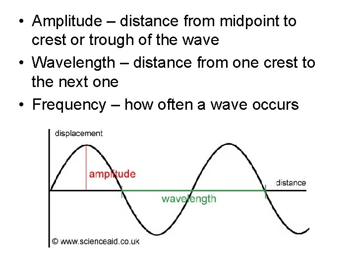  • Amplitude – distance from midpoint to crest or trough of the wave