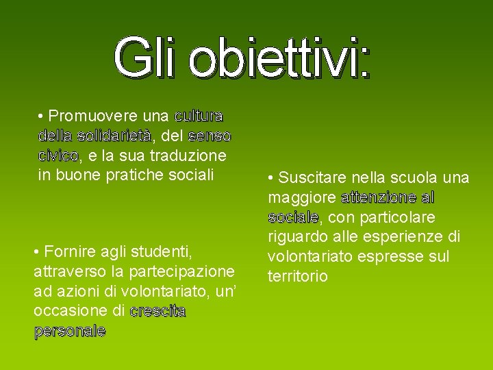 Gli obiettivi: • Promuovere una cultura della solidarietà, solidarietà del senso civico, civico e