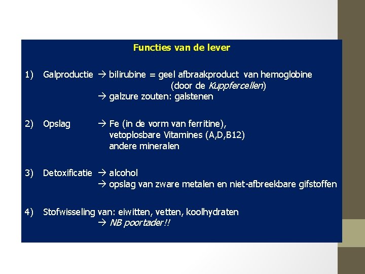 Functies van de lever 1) Galproductie bilirubine = geel afbraakproduct van hemoglobine (door de