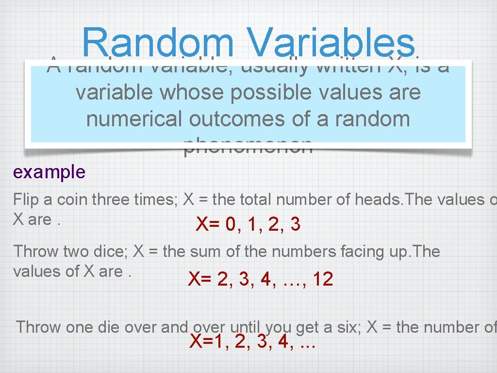 Random Variables A random variable, usually written X, is a variable whose possible values