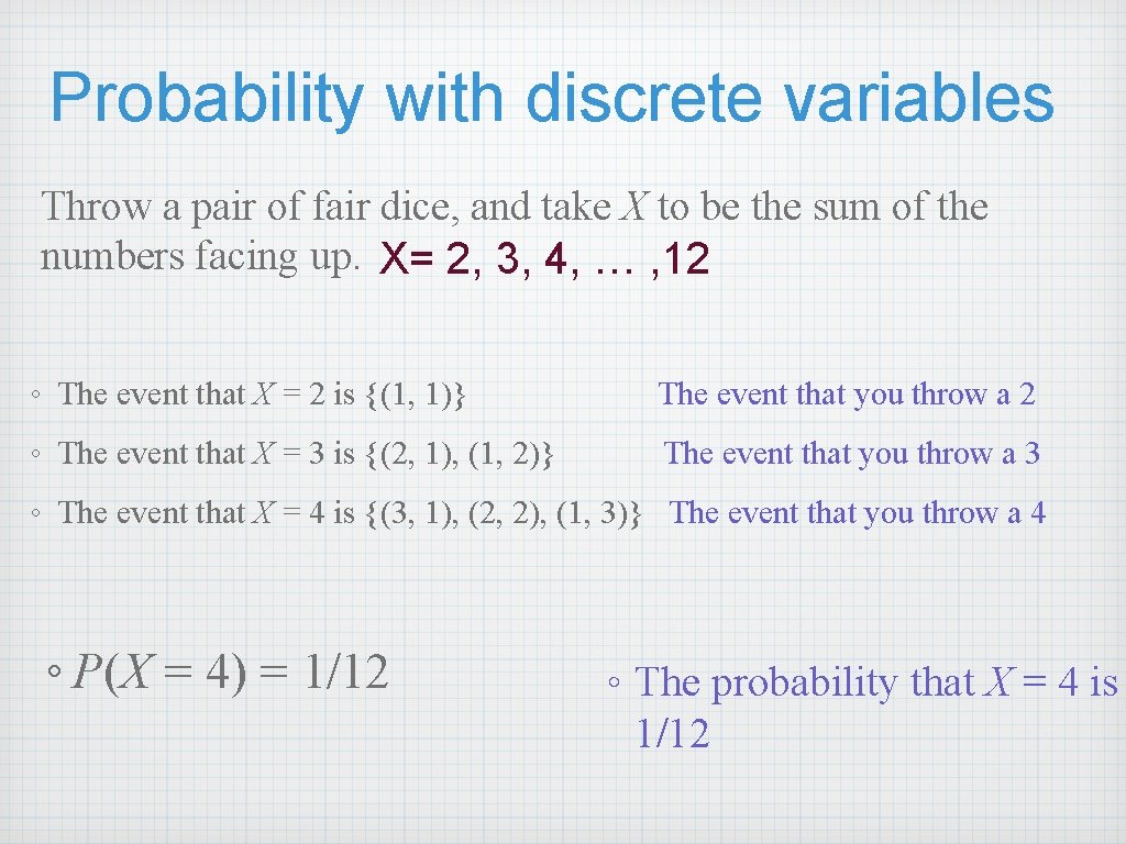 Probability with discrete variables Throw a pair of fair dice, and take X to