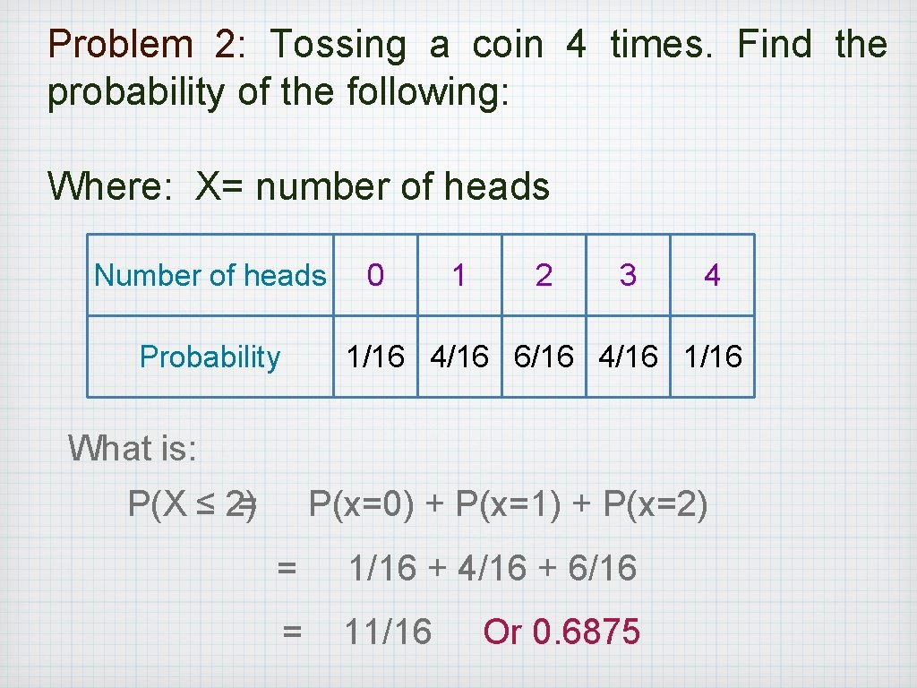 Problem 2: Tossing a coin 4 times. Find the probability of the following: Where: