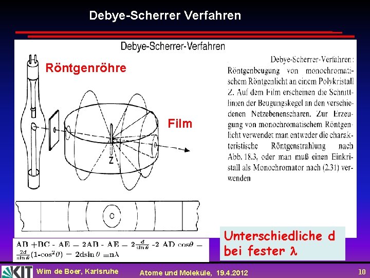 Debye-Scherrer Verfahren Röntgenröhre Film Unterschiedliche d bei fester Wim de Boer, Karlsruhe Atome und