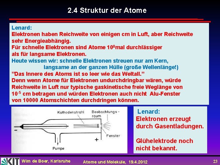 2. 4 Struktur der Atome Lenard: Elektronen haben Reichweite von einigen cm in Luft,